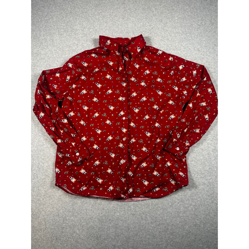 Karen Scott Petites Red Holiday Penguin Christmas Button Down Shirt PM